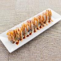 Summertime Roll Special · Spicy kani & cucumber inside, pepper salmon & spicy mayo on top.