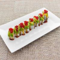 NYC Roll Special · Spicy tuna, spicy crab & avocado inside, topped with seared yellowtail, spicy mayo & eel sau...