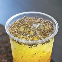 Mango-Tango Bubble Tea · MANGO & PEACH WITH GREEN TEA & ORGANIC CHIA SEEDS
*Note: Please add tapioca pearls if you wo...