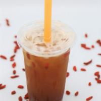Lychee-Peachy Bubble Tea · LYCHEE & PEACH WITH BLACK TEA & GOJI BERRIES
*Note: Please add tapioca pearls if you would l...