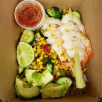 Grilled Shrimp Rice Bowl · Grilled sugarcane skewered shrimp, avocado, cucumber, roasted corn & peppers, healthy ri...