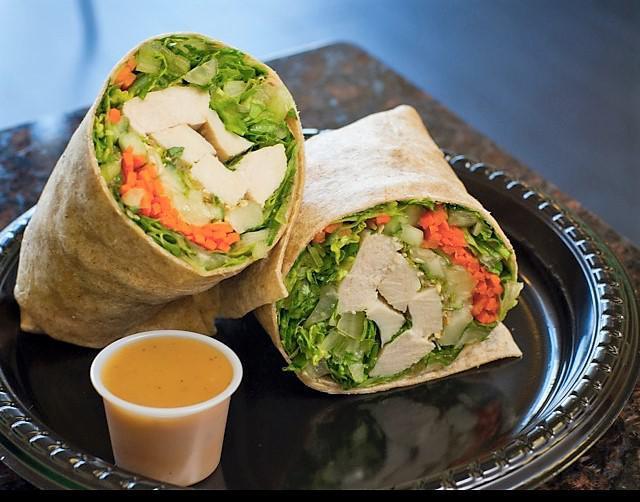Grilled Sesame Chicken Wrap · Grilled all-natural chicken, cucumbers, carrots, toasted sesame seeds, alfalfa sprouts and romaine hearts with sesame ginger dressing. 