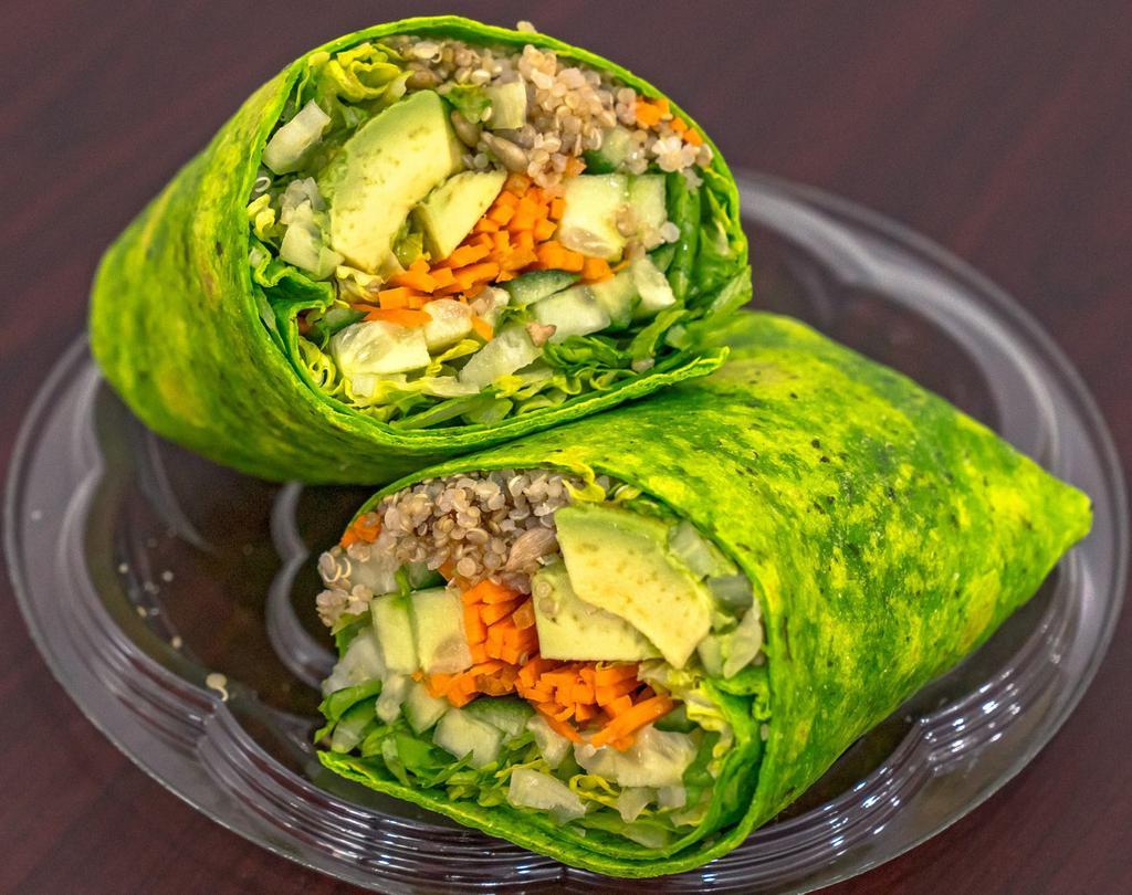 Avocado Veggie Wrap · Avocado, toasted sunflower seeds, cucumbers, carrots, quinoa and romaine hearts with ranch dressing