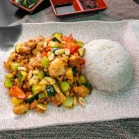 Kung Pao Chicken(spicy) · Dice chicken Sauteed with mix veg in spicy brown sauce.