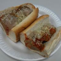 1/2 Meatball Parmigiana · Meatballs, sauce, and mozzarella cheese on a long roll topped with parmesan cheese and oregano