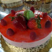 Raspberry Mousse Cake · Raspberry Mousse layered with chocolate cake