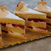 Strawberry Shortcake Slice · Vanilla cake with Strawberry filling and whipped cream