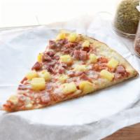 Hawaiian Californian Pizza · Creamy mozzarella pie topped with cured ham and sweet chunks of pineapple.