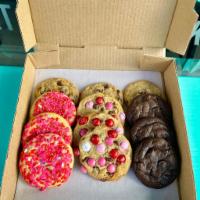 Dozen Assorted Cookies (3 Choc Chip, 3 M＆M, 3 Double Choc, 3 Sugar) · What you get! 3 chocolate chip cookies, 3 double chocolate cookies, 3 Valentines day M＆M cho...