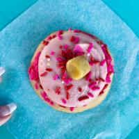 Frosted Be Mine Birthday Cake Cookie · Valentines day sprinkled sugar cookie with confetti strawberry frosting, topped with a birth...