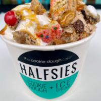 Cookie Monster Layered - Premium Halfsies · BEST SELLER!  Pint of cookie dough + ice cream! Layers and Layers of cookie dough, ice cream...