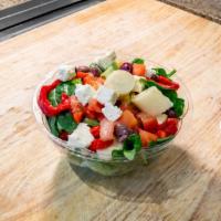Italian salad · Chopped romaine lettuce, tomatoes, banana peppers, Kalamata olives, feta cheese and Italian ...