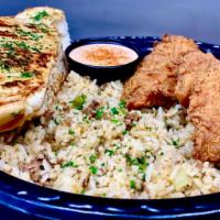 Fried Chicken Breast ＆ Dirty Rice Plate · Comes with chicken breasts, red pepper remoulade sauce and Garlic Bread
