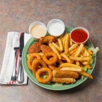 Raceway Combo · Mozzarella sticks, Buffalo wings, chicken fingers, onion rings, and french fries.