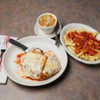 Chicken Parmigiana · on a wedge with french fries