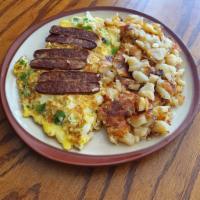 Athenian Omelette · Specialty omelette. 3 eggs omelette. Basil, tomato, spinach, feta, and sausage.