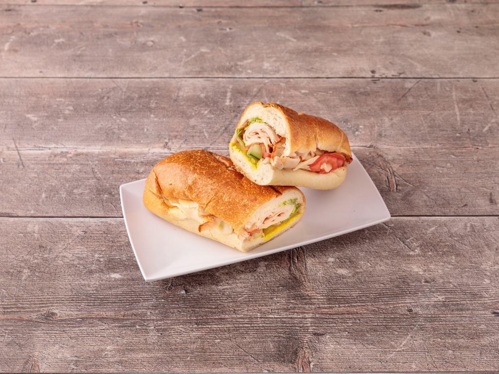 My Sub · Salsalito turkey, mozzarella, cucumbers, pickles, lettuce, tomatoes, oil and vinegar on hero.