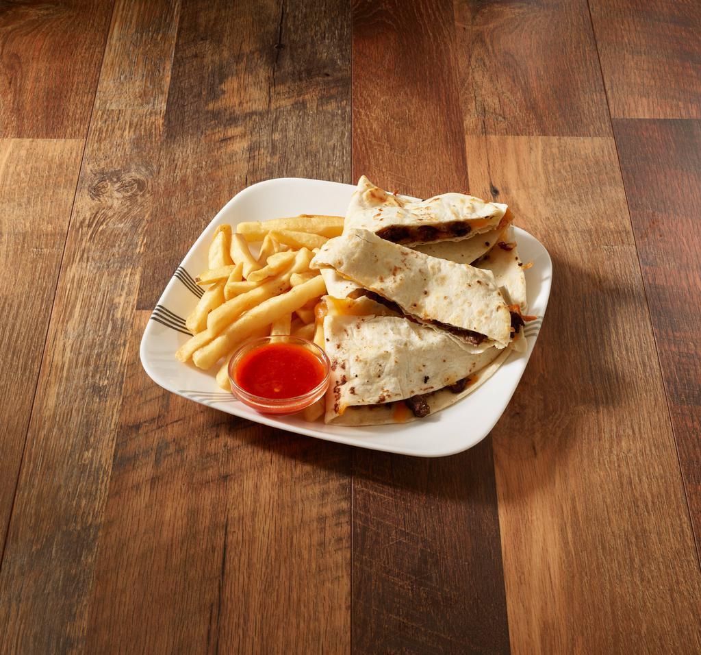 Regular Quesadilla · 12in flour tortilla..Just cheese  fries red or green salsa and ketchup...