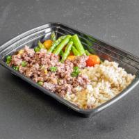 Basic Ground Beef Meal · Cooked to perfection with your choice of 1/2 cup carb and 1 cup of veggies. Ground turkey, o...