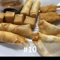 10. Combination Plate · Combination of 2 spring roll, 2 shrimp roll, 2 shrimp tempura, 2 crab Rangoon, and 4 fried t...