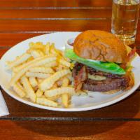 Hamilton's Signature Burger  · Signature beef blend, Asiago cheese, applewood smoked bacon, lettuce, tomato, onion, smoked ...
