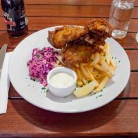 Fish & Chips  · Pollock, tartar sauce, lemon, red cabbage slaw.