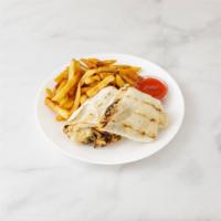The Aviator Wrap · Grilled chicken with sauteed mushrooms, onions and melted mozzarella. Served with fries.