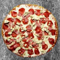 Keto Meat Lovers Pizza · Mozzarella cheese, made-from-scratch tomato sauce, turkey pepperoni, turkey sausage, and tur...