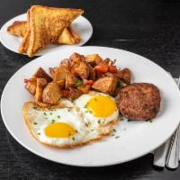The Eberhart · 2 eggs any style, breakfast potatoes with green pepper and onions, choice of turkey sausage ...