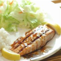 9. Salmon Teriyaki Plate · Grilled salmon with house made teriyaki sauce, side salad and rice.