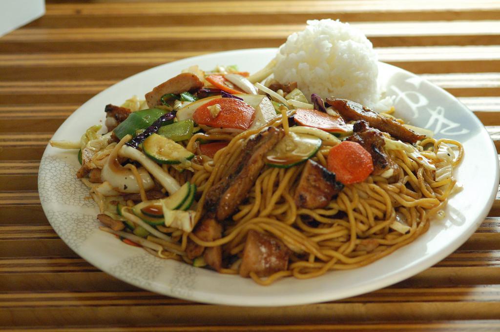 Yakisoba · Our most popular menu item! Delicious yakisoba noodles stir fried with vegetables and your choice of protein. Served with a scoop of rice.