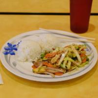 Veggie Bowl · Stir fried veggies with served with two scoops of white rice.