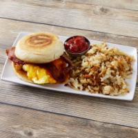 Egg Sandwich · Scrambled eggs, cheddar cheese and bacon served on an English muffin.Served with choice of h...