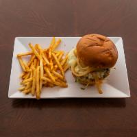 Spicy Chicken Burger · Roasted peppers arugula, chipotle sauce, fried onions, and pepper jack cheese with your choi...