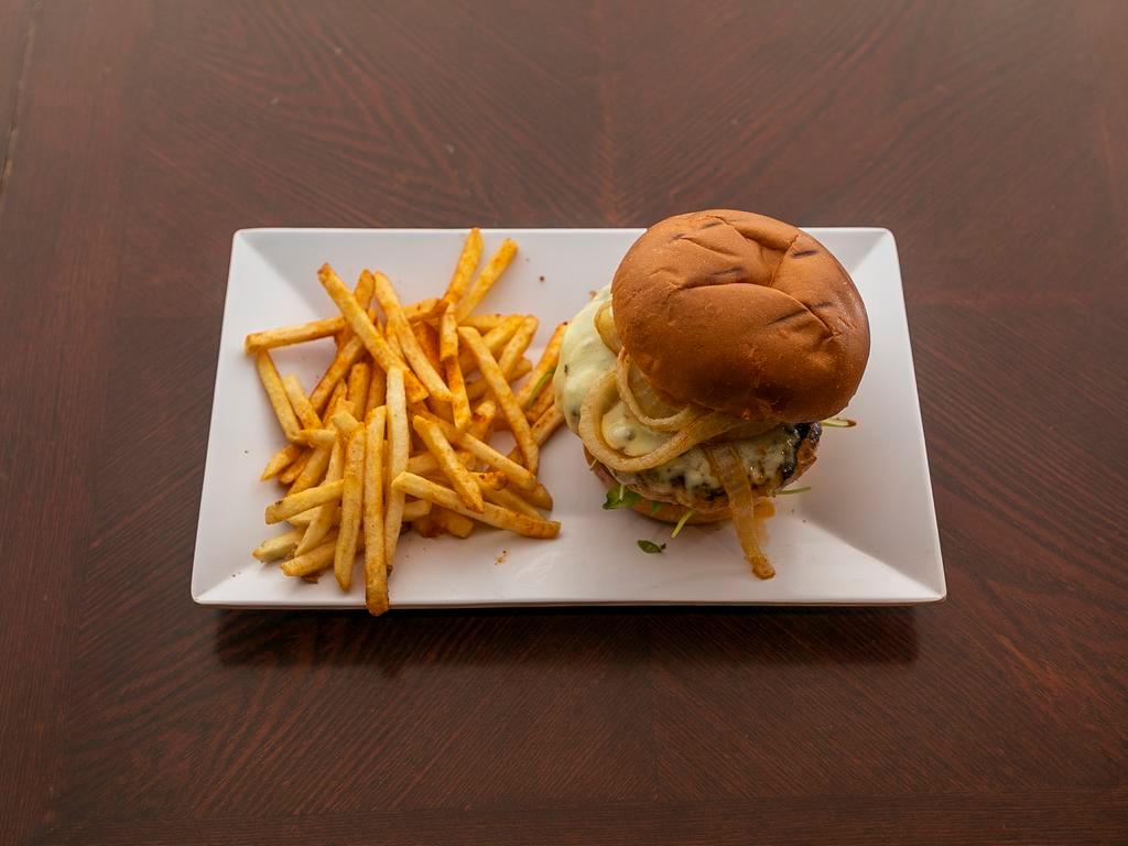 Spicy Chicken Burger · Roasted peppers arugula, chipotle sauce, fried onions, and pepper jack cheese with your choice of side.