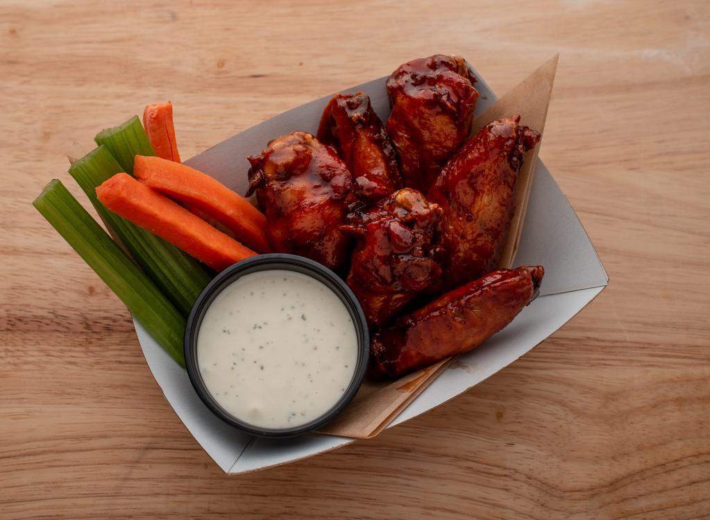 Bone-In Wings · Bone-In wings with carrots and celery.  Your choice of wing flavor, up to 2, and ranch or blue cheese.