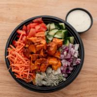 Buffalo Chicken Salad · Romaine Mix with Tomatoes, Carrots, Red Onion, and Cucumbers, topped with Smothered Buffalo ...