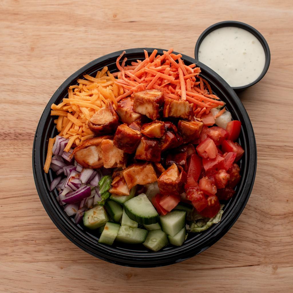 BBQ Chicken Salad · Romaine Mix with Tomatoes, Carrots, Red Onion, and Cucumbers, topped with Smothered BBQ chopped Chicken w/ Choice of Dressing	