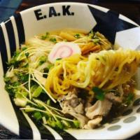 Tokyo Chicken Ramen · Chicken broth with wavy noodles. Topped with green onions, diced onions, menma, shredded chi...