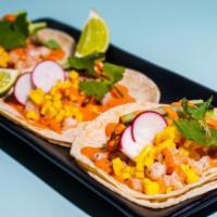 Shrimp Tacos · grilled shrimp, cucumber, mango, radish, chipotle mayo & fresh cilantro
