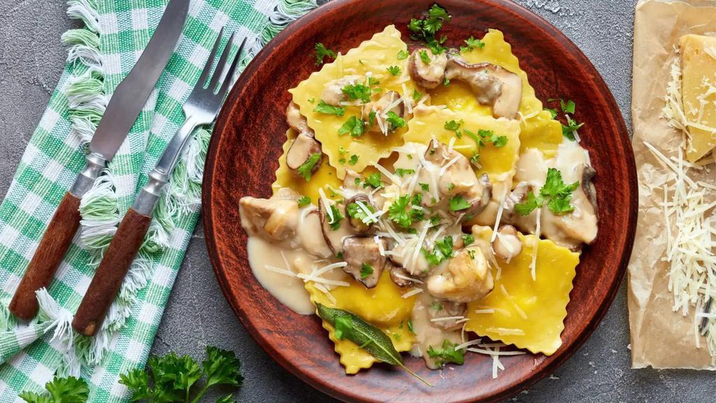 Mushroom and Cheese Ravioli · Stuffed pasta.