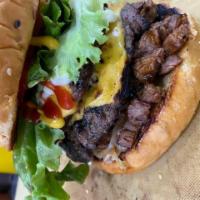 Arrachera Burger · Delicious Single meat Burger prepared with Ground Beef And Extra Arrachera Meat 