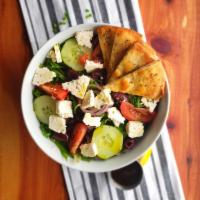 Greek Salad · Romaine lettuce, tomato, cucumber, red onion, Kalamata olives, toasted pita, feta cheese, cr...