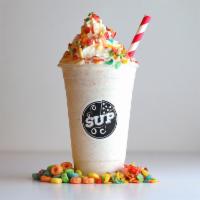 Berry Shake · Strawberry Puree, Fruit Loops, Fruity Pebbles, Whipped Cream, Vanilla Drizzle.