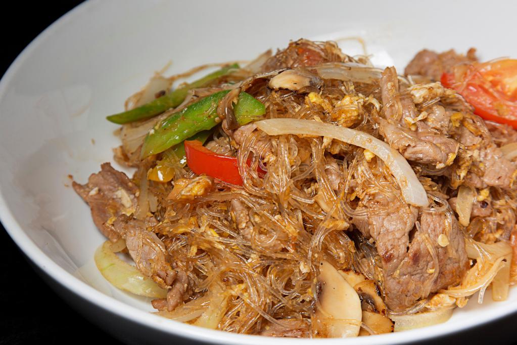 Glass Noodles · Choice of meat or vegetable, sauteed with soybean thread noodles, egg, tomato, onion, scallion and mushroom.