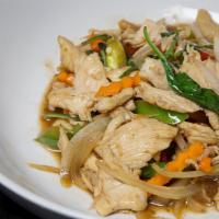 Basil Sauce (Pad Gra Prao) · Choice of meat or vegetable, sauteed with basil, hot chili peppers, onion, carrot and bell p...
