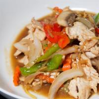 Ginger Sauce (Pad Khing Soy) · Choice of meat or vegetable, sauteed with sliced ginger, onion, scallion, mushroom and black...