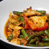 Pad Prig Khing · Choice of meat or vegetable, sauteed with spicy curry paste, string beans, kaffir lime leave...