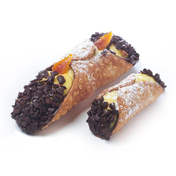 Cannolo Crema (Large) · Sicilian cannolo with vanilla pastry cream and dipped in chocolate shavings.