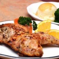 Broiled 1/2 Chicken · With soup or salad, potato and vegetable.
